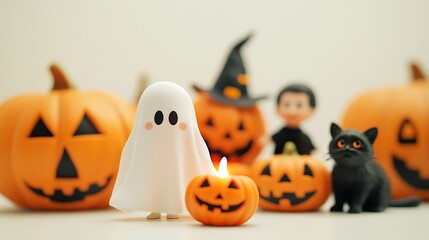 A cute ghost standing with a lit pumpkin, accompanied by a family of four dressed in ghost costumes, jack-o-lanterns, and a black cat at their feet, on a white background