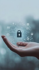 Aufkleber - Open hand holding a glowing lock icon with digital network symbols, symbolizing digital security. Cyber protection and data safety concept.