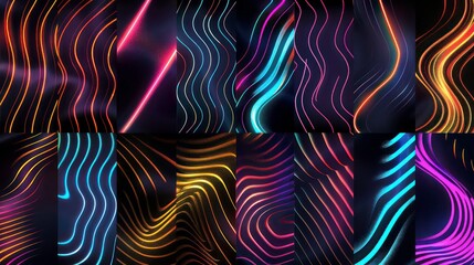 Poster - A collection of 12 abstract digital art images featuring colorful, wavy lines and glowing neon lights against a dark background.