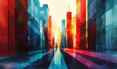 Sticker - Abstract Cityscape with Red and Blue Buildings