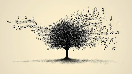 An artistic depiction of a tree where the leaves transform into musical notes, symbolizing a blend of nature and music. The background is a plain beige tone.