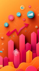 Aufkleber - Vibrant 3D bar graph and rising arrows on an orange background with business icons. Concept of financial growth and business success.