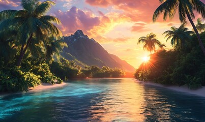 Sticker - Tropical Sunset with Palm Trees and Mountains Overlooking a River