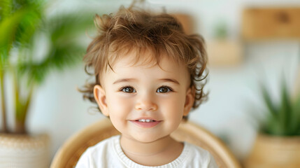 Wall Mural - Laughing Boy Sits Baby Chair Eating Porridge