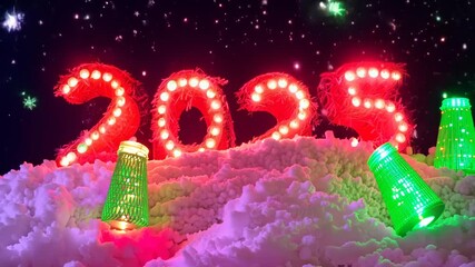 Poster - Neon 2025 sign with garlands on the snow hill to celebrate New Year