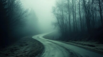 a road through a forest is shrouded in fog, surrounded by tall trees on either side, and has a fence