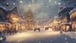 © Wish Craft Arts - A snowy Christmas street scene with people walking past decorated storefronts and a large Christmas tree.