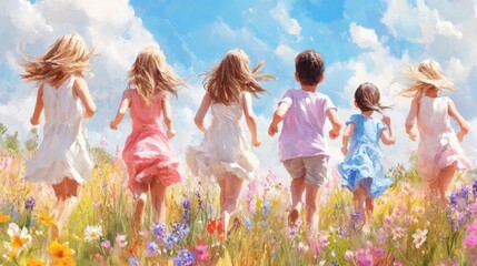 Wall Mural - A group of children running through a field with flowers, AI