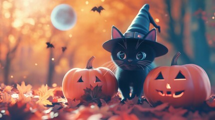 Background for Halloween cute black cat with pumpkin, in a witch's hat, autumn maple foliage. Orange background he style features soft colors and cartoon illustrations