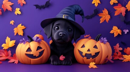 Background for Halloween cute dog with pumpkin, in a witch's hat, autumn maple foliage. Purple background he style features soft colors and cartoon illustrations