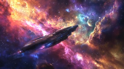 Wall Mural - A spaceship flies through a nebula with a planet in the distance.