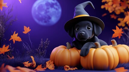 Background for Halloween cute dog with pumpkin, in a witch's hat, autumn maple foliage. Purple background he style features soft colors and cartoon illustrations