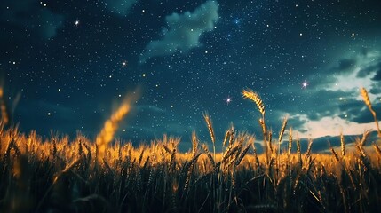 Wall Mural -   Wheat field bathed in starlight and moonlight, surrounded by cloudy skies