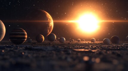 Wall Mural - A stunning view of planets in a solar system with a bright sun in the distance.