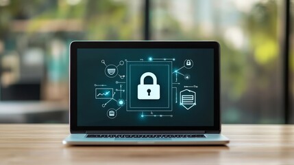 Poster - Laptop with holographic lock icon and network symbols on screen in a bright room. Cybersecurity concept.