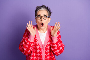 Sticker - Photo portrait of lovely pensioner lady amazed excited raise hands dressed stylish red garment isolated on violet color background