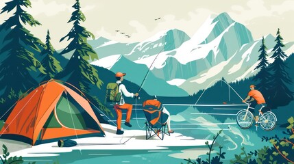 Two men fishing with a mountain lake and snowy peaks in the background, with a campsite and tent in the foreground.