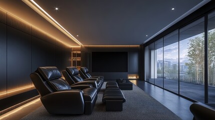 Wall Mural - sleek black leather recliners and high-tech projector create a minimalist home theater interior for a modern entertainment experience