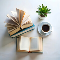 high angle view of books on table against white