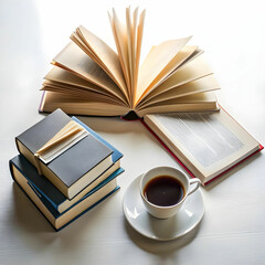 high angle view of books on table against white