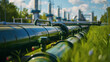 © Игорь Зубченко - Green gas pipeline with large metal pipes for natural fuel transport, energy industry concept. Pipes arranged in a park near an electrical power plant, blue sky background, shallow depth of field