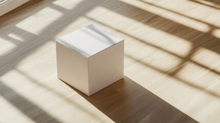 Wall Mural - Product shot of a white box on a light wood surface in a room filled with natural light and soft shadows
