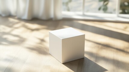 Wall Mural - Product shot of a white box on a light wood surface in a room filled with natural light and soft shadows