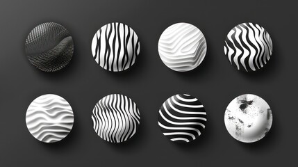 Poster - Eight abstract 3D spheres with black and white striped textures on a black background.