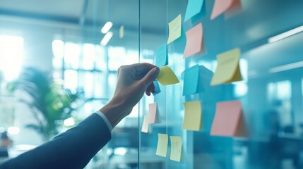 Poster - Hand placing colorful sticky notes on a glass wall in a bright, modern office, representing creativity, organization, and brainstorming.