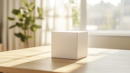 Wall Mural - Mockup of a clean white box placed on a light wooden table in a room with soft natural lighting