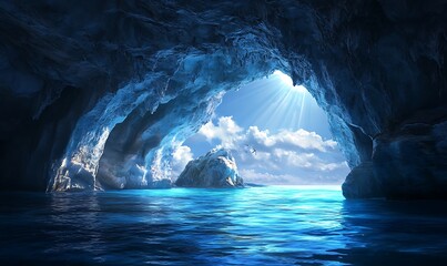 Sticker - Sunbeams Shining Through a Cave Opening Over a Blue Ocean