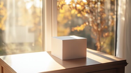 Wall Mural - Minimalist product shot of a white box on a table with natural light streaming in from a nearby window
