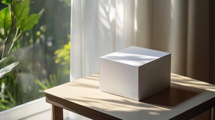 Wall Mural - Minimalist product shot of a white box on a table with natural light streaming in from a nearby window