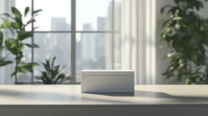 Wall Mural - Simple 3d mockup of a white box placed on a desk with natural light flooding the room