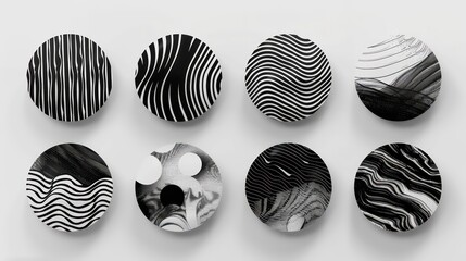 Poster - Eight black and white abstract circles with different line patterns on a white background.