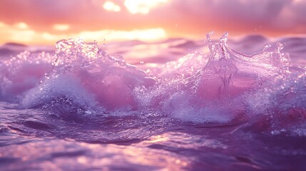 Sticker - Close-up of ocean waves crashing at sunset, with pink and orange hues in the sky.