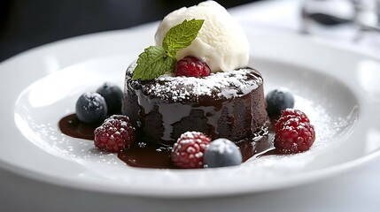 A gourmet presentation of a molten chocolate petit gÃ¢teau, served with vanilla ice cream, fresh berries and mint leaves on a stylish white plate