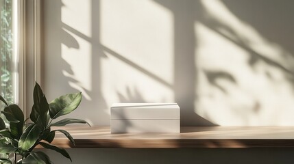 Wall Mural - Elegant 3d mockup of a white box placed on a wooden shelf in a bright room filled with natural light