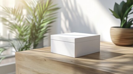 Wall Mural - White box mockup on a clean wooden desk in a bright space with soft natural light