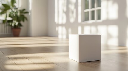 Wall Mural - Simple white box mockup on a light wooden floor in a bright room with natural light filtering through