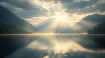 Wall Mural -   The sun shines brilliantly through the clouds over a body of water with a distant mountain range