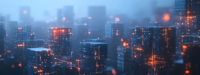 Digital cityscape with buildings made of glowing cubes, representing the futuristic and digital nature of smart urban development