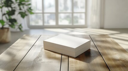 Wall Mural - Elegant white box mockup on a wooden surface in a bright room filled with natural light