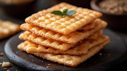 Wall Mural - A stack of crispy, golden crackers on a dark surface.