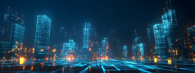 Digital cityscape with buildings made of glowing cubes, representing the futuristic and digital nature of smart urban development