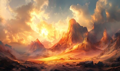 Poster - Golden Hour Landscape with Majestic Mountains and Dramatic Clouds