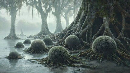 Poster -   A cluster of trees situated in the center of a body of water, with their roots protruding from its sides