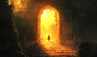 Poster - A Lone Figure Walks Through a Golden Archway