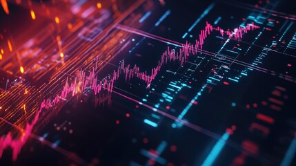 Poster - Close-up of a stock chart with dynamic candlestick patterns and fluctuating lines on a digital screen