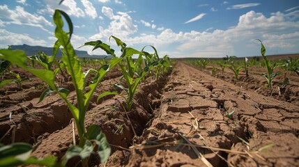 Wall Mural - Young Corn Plants Growing in a Dry Field